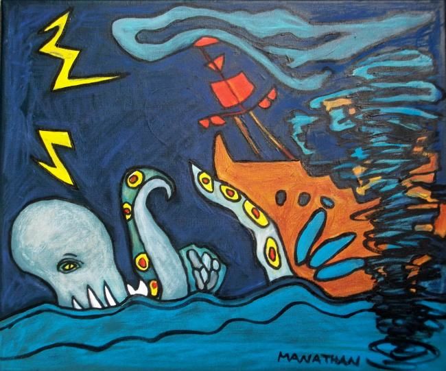 Painting titled "Tourbillon et pieuv…" by Nathalia Chipilova, Original Artwork, Oil