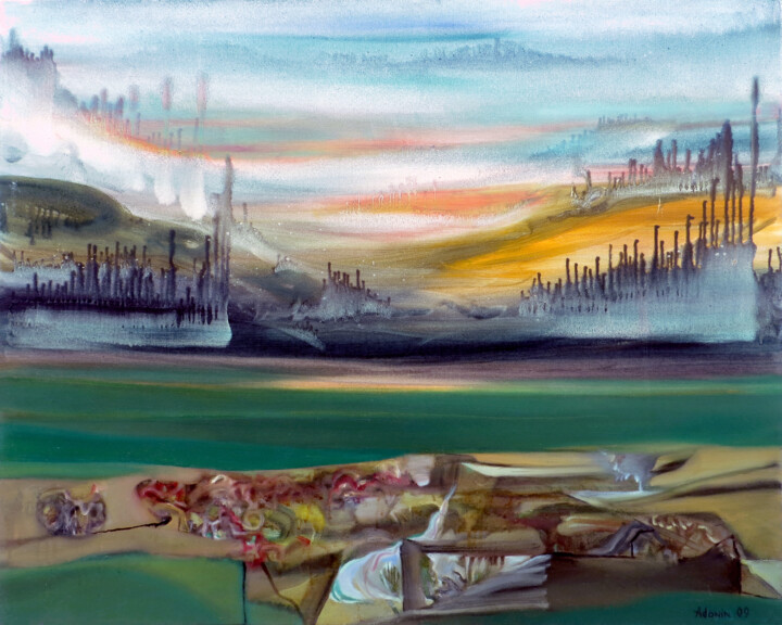 Schilderij getiteld "In The Quiet Stream" door Aeon, Origineel Kunstwerk, Olie Gemonteerd op Frame voor houten brancard