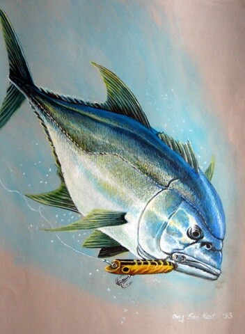 Schilderij getiteld "Giant Trevally" door Ong Sookeat, Origineel Kunstwerk, Olie
