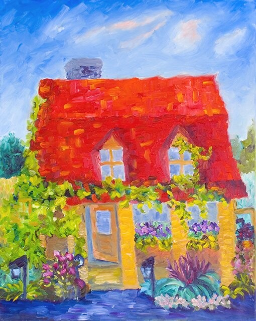 Painting titled "Maison fleurie" by Claire Bizier, Original Artwork, Oil