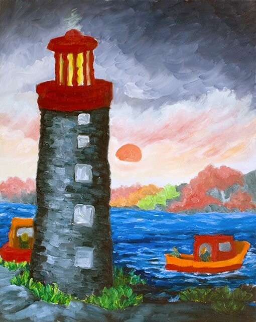 Painting titled "Le phare" by Claire Bizier, Original Artwork, Oil