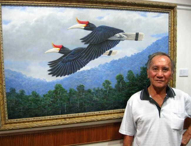 Schilderij getiteld "1995 Hornbill in Fl…" door Ong Sookeat, Origineel Kunstwerk