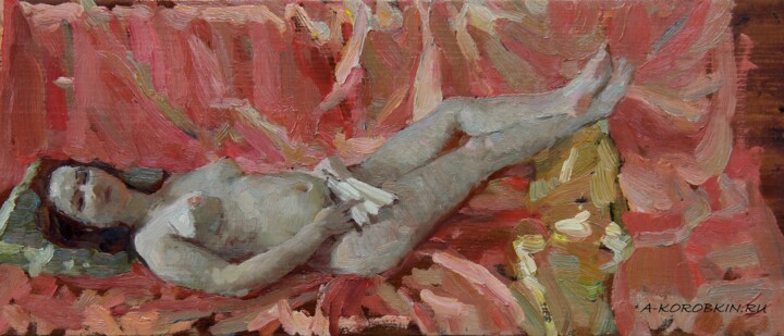 Nude on red 绘画, 8.3x18.1 in