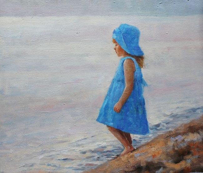 Petite Fille À La Robe Bleue, Peinture par Anna Mironova