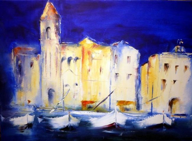 Painting titled "Sanary la nuit" by Annie Piel, Original Artwork