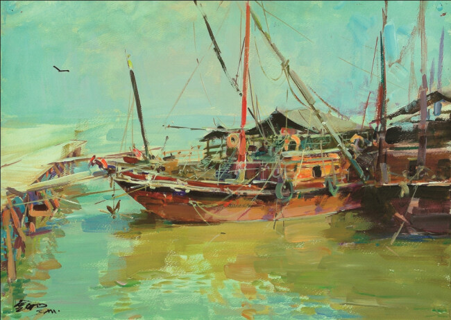 Schilderij getiteld "Nanhai Seashore, or…" door Jin Ming Li, Origineel Kunstwerk, Olie