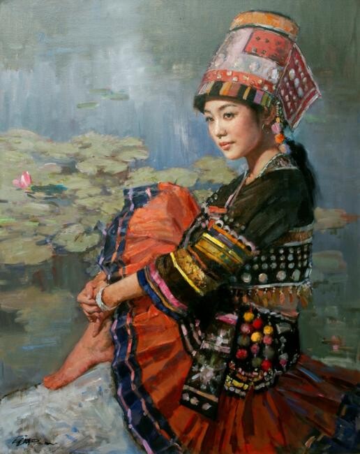 Schilderij getiteld "Flower of the Miao…" door Jin Ming Li, Origineel Kunstwerk, Olie