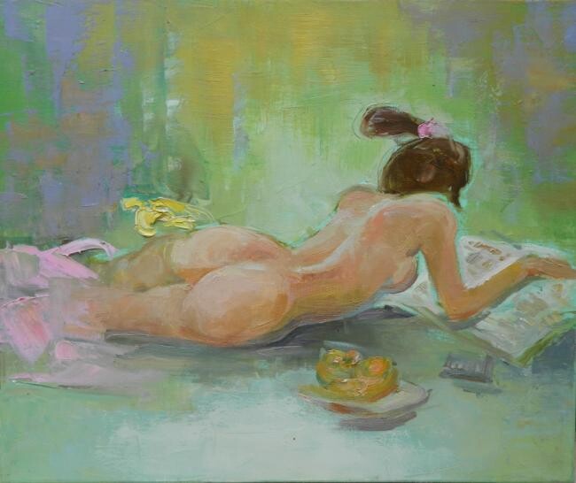 Schilderij getiteld "Reclining Nude, ori…" door Liang Yi Er, Origineel Kunstwerk, Olie
