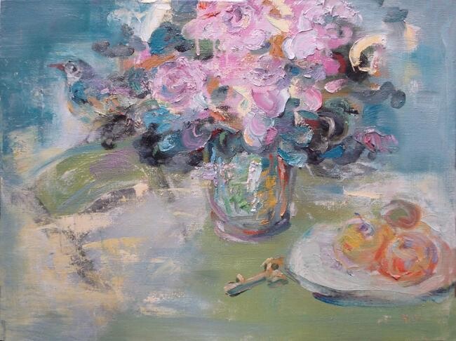 Schilderij getiteld "Still Life with Bir…" door Liang Yi Er, Origineel Kunstwerk, Olie