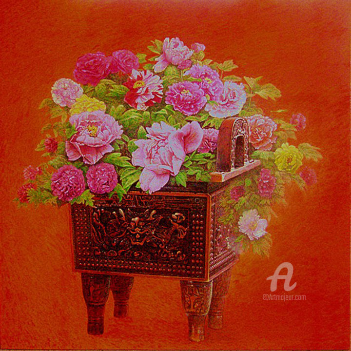 Pittura intitolato "鼎盛 富贵 吉祥" da Zhang Zhi Guo, Opera d'arte originale, Tempera