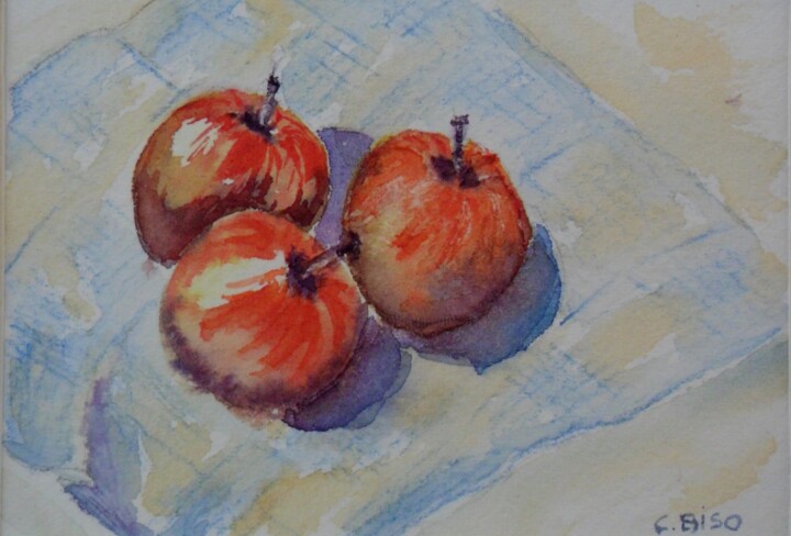 Painting titled "LE TRE MELE" by Catia Biso, Original Artwork, Watercolor