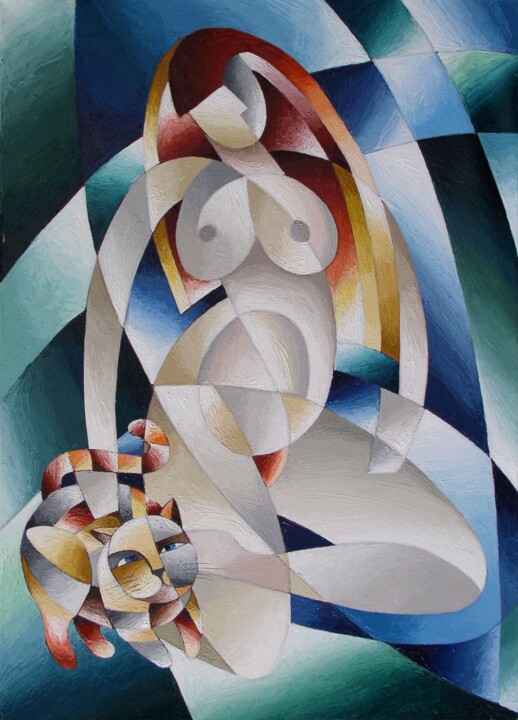 Обнажённая с кошкой 绘画, 27.6x19.7 in