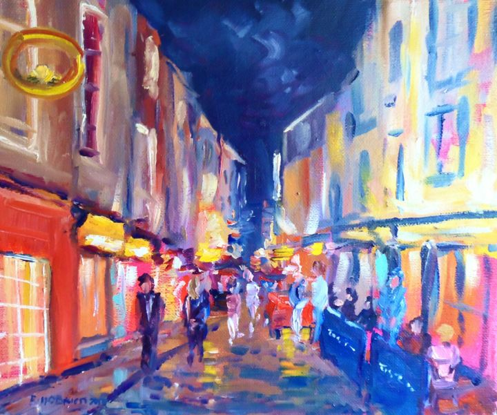 Painting titled "Galway Street Night" by Bill O'Brien, Original Artwork, Oil