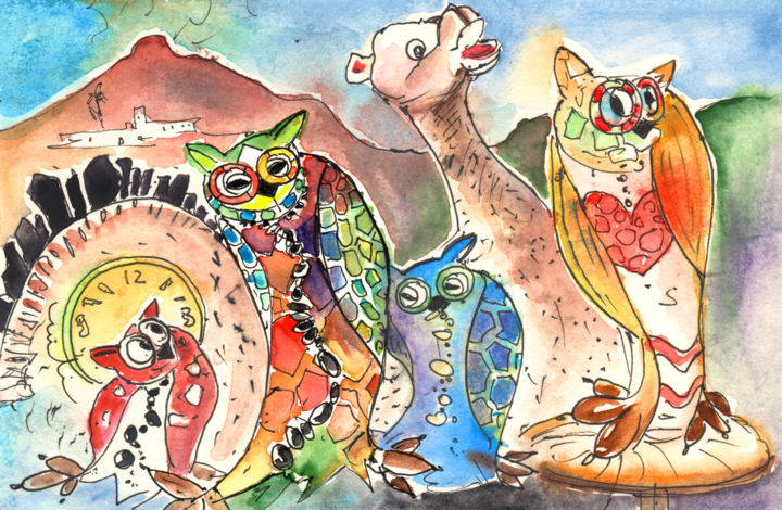 Owls and Camel from Lanzarote 绘画, 5.1x8.3 in
