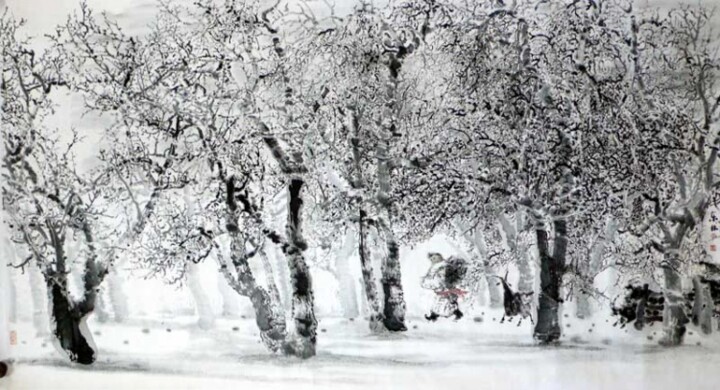 Malerei mit dem Titel "张东林写意人物画:冬韵" von Dong Lin Zhang, Original-Kunstwerk, Öl