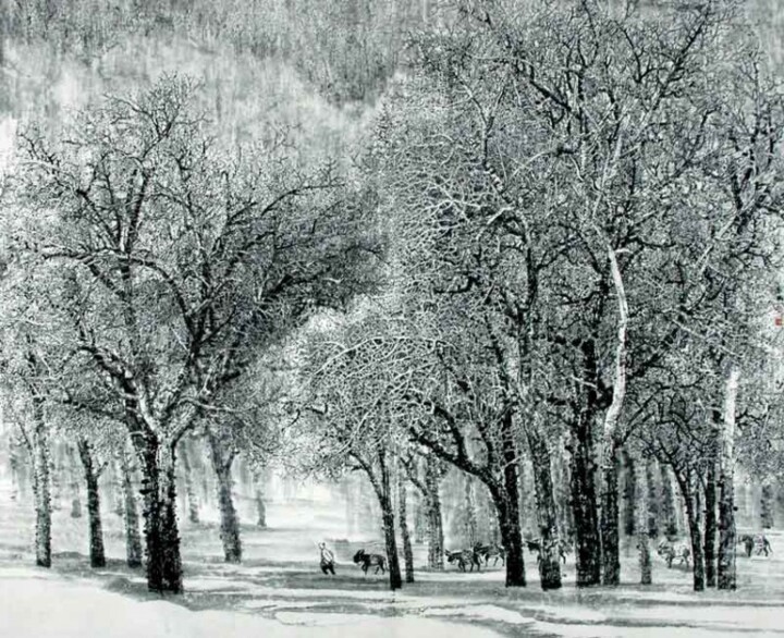「张东林密体山水画:中原积雪图」というタイトルの絵画 东林 张によって, オリジナルのアートワーク, オイル
