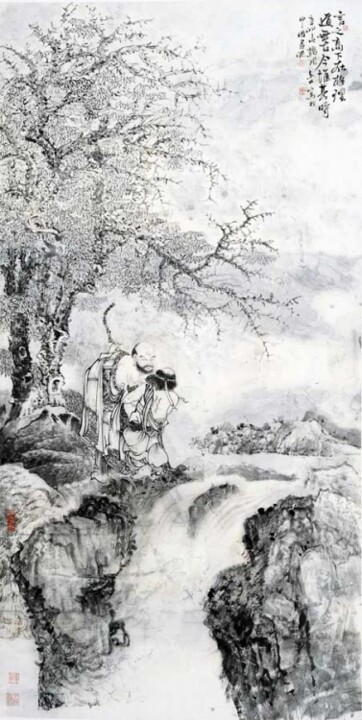 Painting titled "张东林水墨佛教人物:罗汉图" by Dong Lin Zhang, Original Artwork, Oil