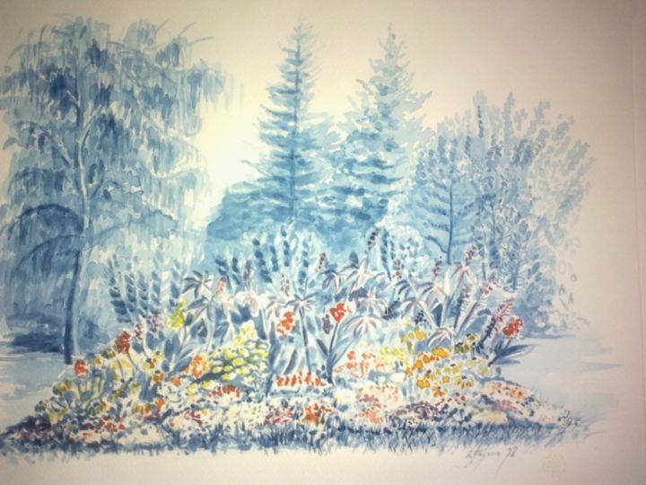 Peinture intitulée "Massif fleuri à Oza…" par Pierre Feyeux, Œuvre d'art originale, Aquarelle