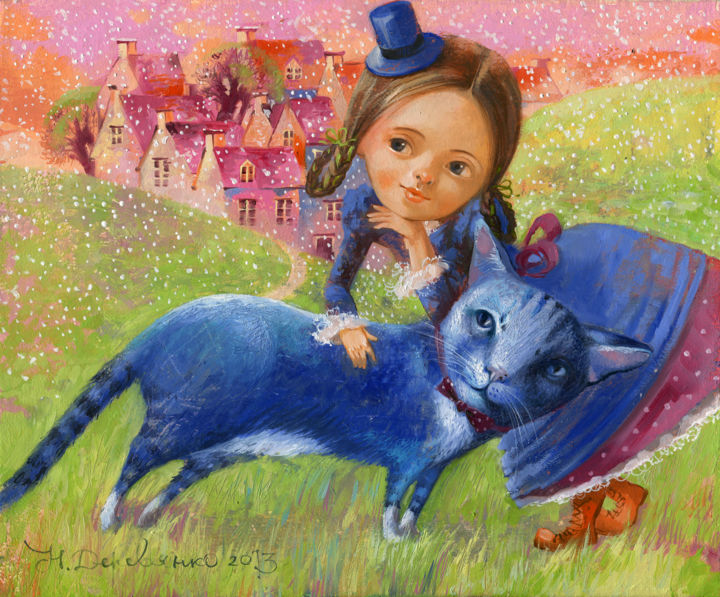Painting titled "Синий кот или Чудес…" by Natalia Derevianko, Original Artwork, Oil