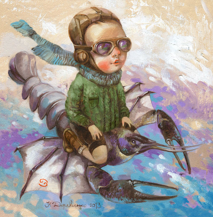 Painting titled "Летающий рак, холст…" by Natalia Derevianko, Original Artwork, Oil