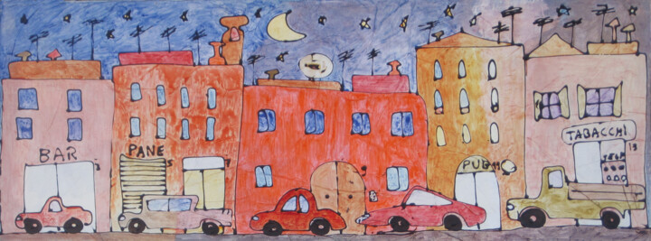 Painting titled "LA CITTA' DI MATTIA" by Armando Moreschi, Original Artwork, Acrylic Mounted on Wood Stretcher frame