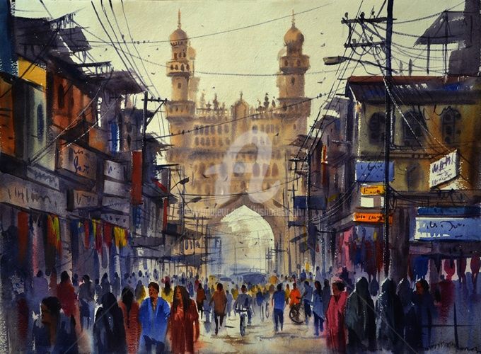 Painting titled "charminar-in-hydera…" by Kishore Singh, Original Artwork, Oil