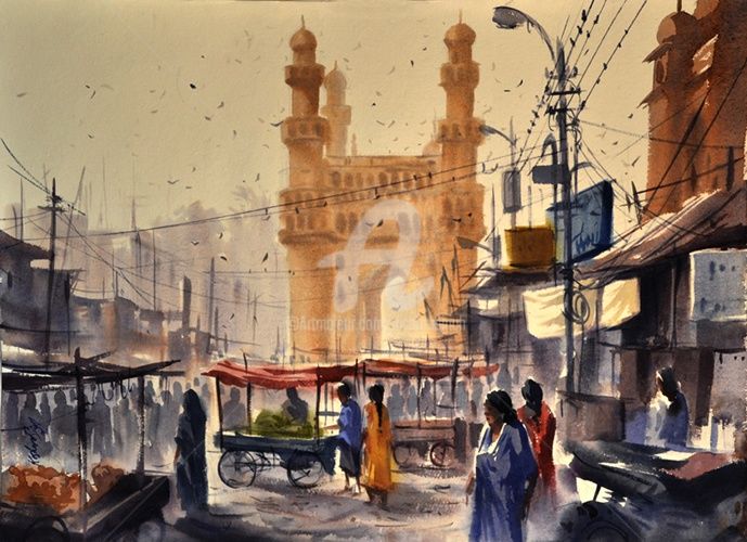 Painting titled "charminar-in-hydera…" by Kishore Singh, Original Artwork, Oil