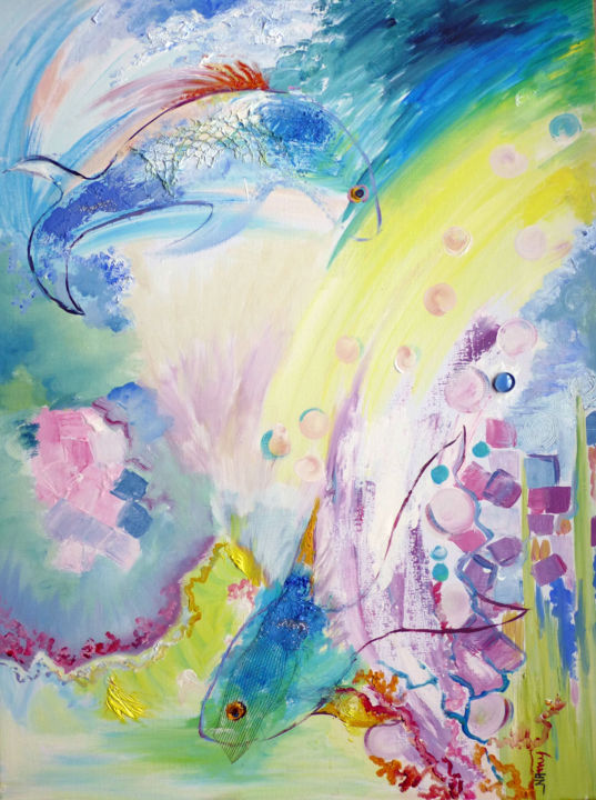 Peinture intitulée "le poisson" par Nanou, Œuvre d'art originale, Huile