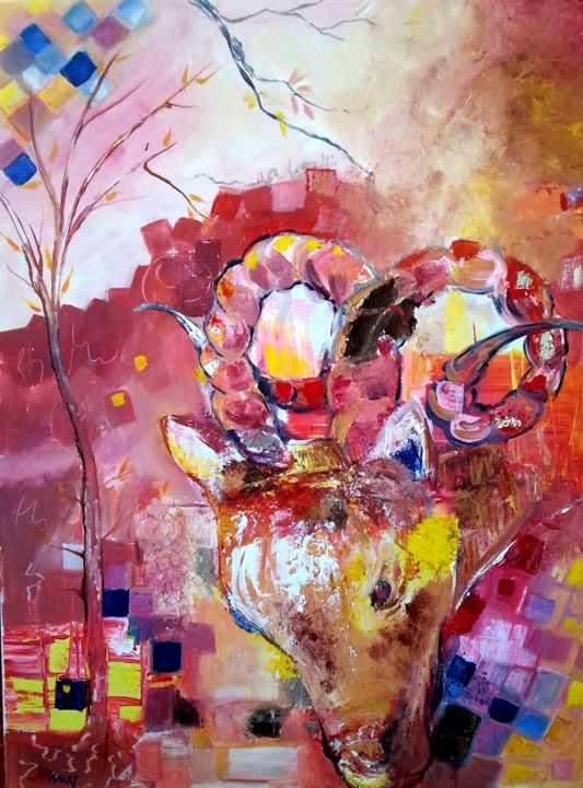 Peinture intitulée "le capricorne" par Nanou, Œuvre d'art originale, Huile