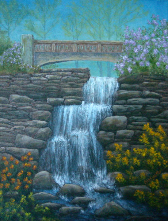 Schilderij getiteld "New England Waterfa…" door Allegretto, Origineel Kunstwerk, Acryl