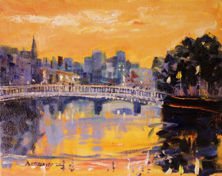 Pittura intitolato "Liffey Autumn Sunset" da Bill O'Brien, Opera d'arte originale, Olio