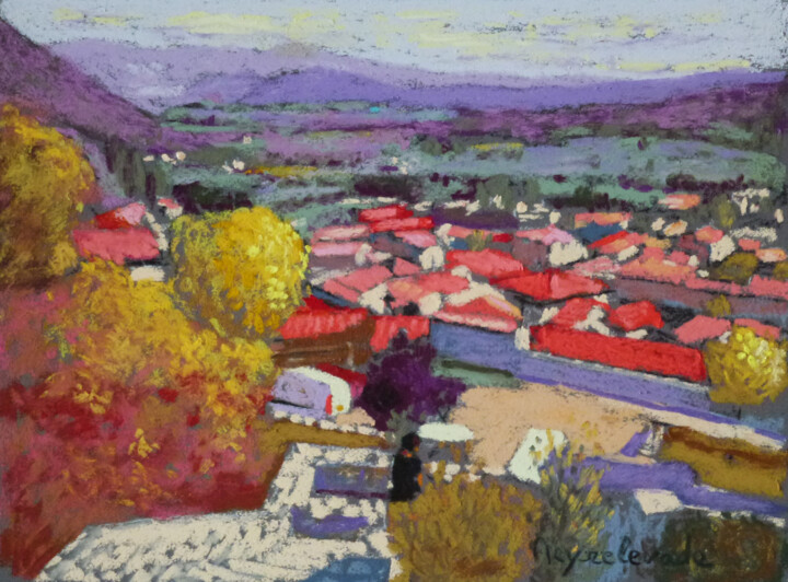Dibujo titulada "Escalier à Banon" por Jacques Peyrelevade, Obra de arte original, Pastel Montado en Cartulina
