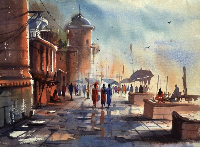 Painting titled "Ghat of Varanasi,In…" by Kishore Singh, Original Artwork
