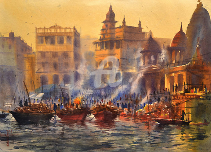 Painting titled "Manikarnika Ghat,pr…" by Kishore Singh, Original Artwork
