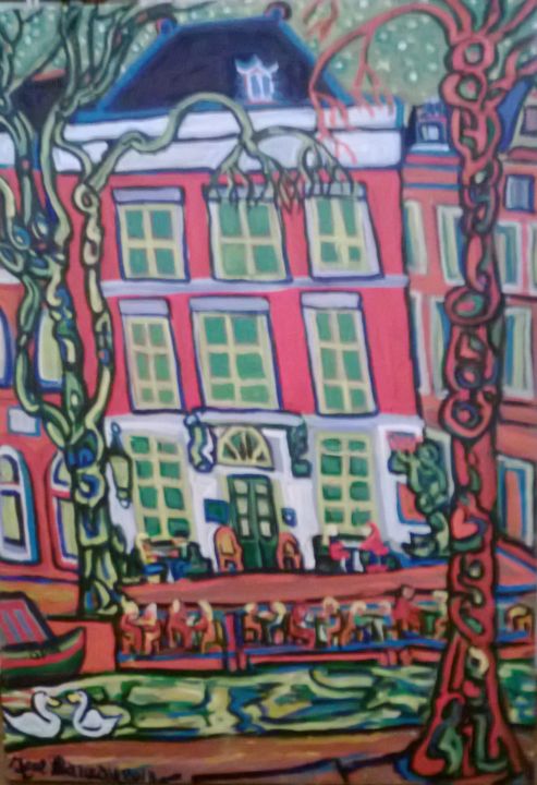 Le café "Smalle",le plus petit café d'Amsteredam 绘画, 36.2x28.7 in