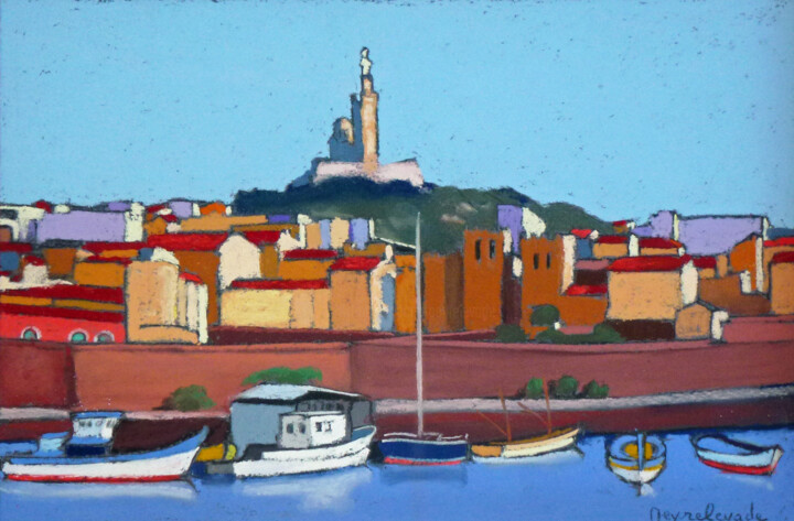 Schilderij getiteld "Barques dans le Vie…" door Jacques Peyrelevade, Origineel Kunstwerk, Pastel Gemonteerd op Karton
