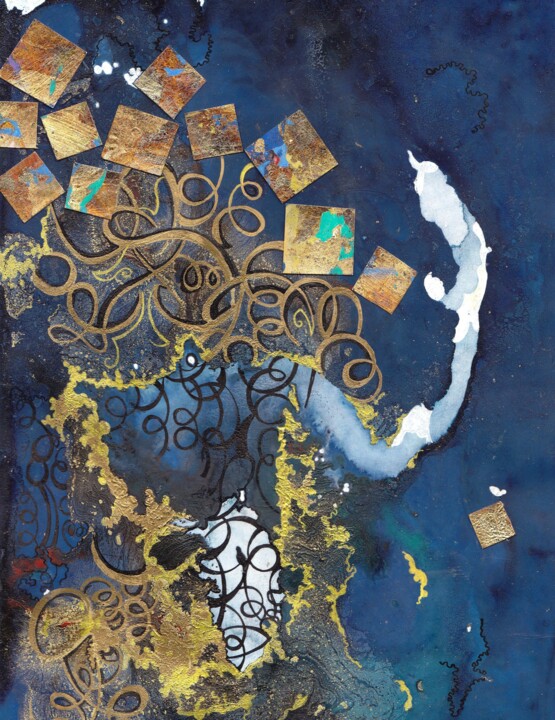 Gold squares emerging from blue Collages, 11.4x8.3 in