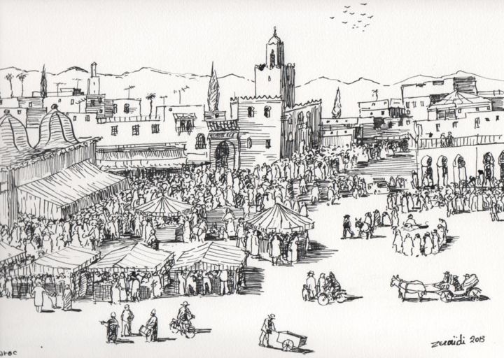 Dessin intitulée "La place Jamaa el f…" par Abdellatif Zeraidi Bd Lltyf Lzrydy, Œuvre d'art originale, Autre