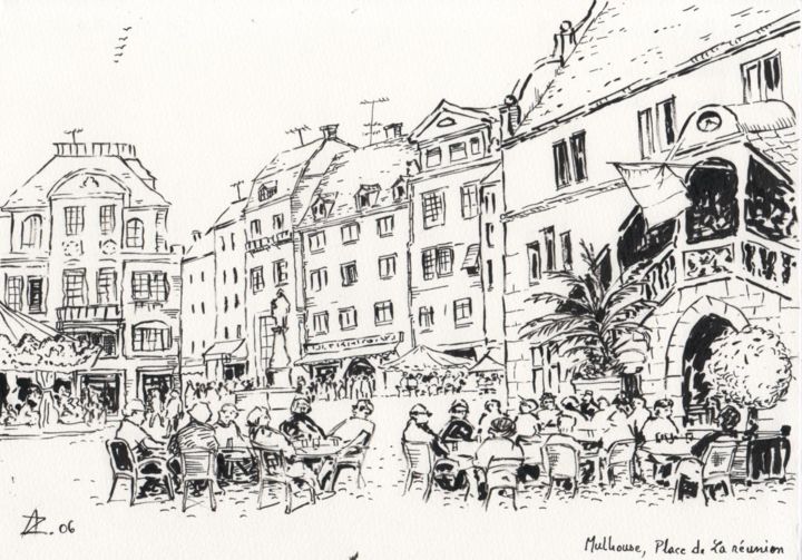 Dessin intitulée "Place de la réunion…" par Abdellatif Zeraidi Bd Lltyf Lzrydy, Œuvre d'art originale, Encre
