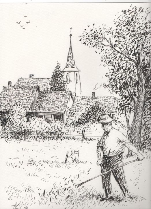 Dessin intitulée "Ferme en Alsace" par Abdellatif Zeraidi Bd Lltyf Lzrydy, Œuvre d'art originale, Encre