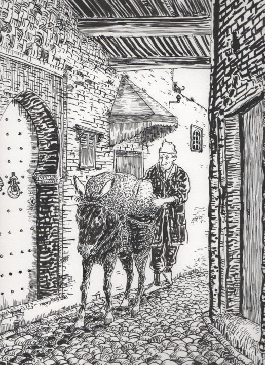 Dessin intitulée "Ruelle à Fès (Maroc)" par Abdellatif Zeraidi Bd Lltyf Lzrydy, Œuvre d'art originale, Autre
