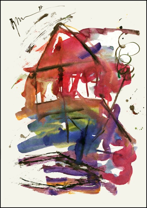 crimson house Малиновый дом 그림, 16.5x11.8 in
