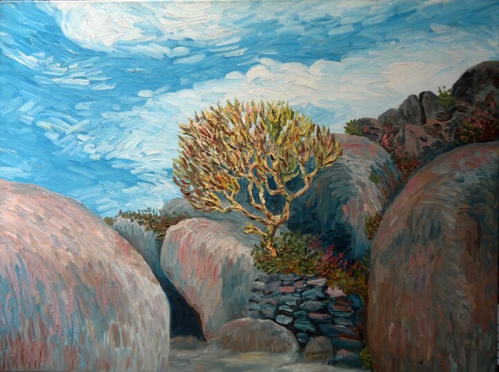 Painting titled "old-tree-on-the-roc…" by Chinmaya Br, Original Artwork