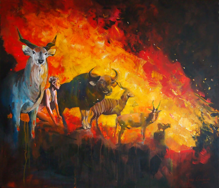 Peinture intitulée "Fire" par Janusz Orzechowski, Œuvre d'art originale, Huile