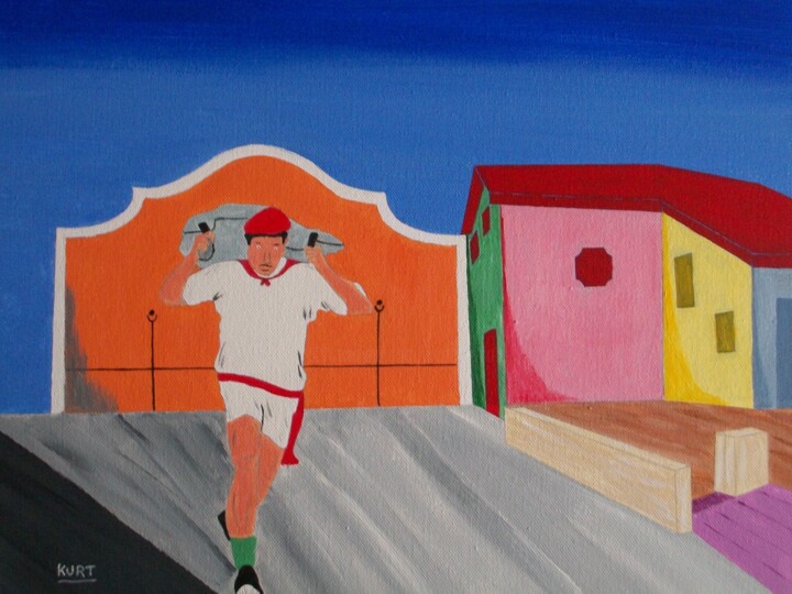 Tableau naif porteur de sac , " force basque" 绘画, 15.8x19.7 in