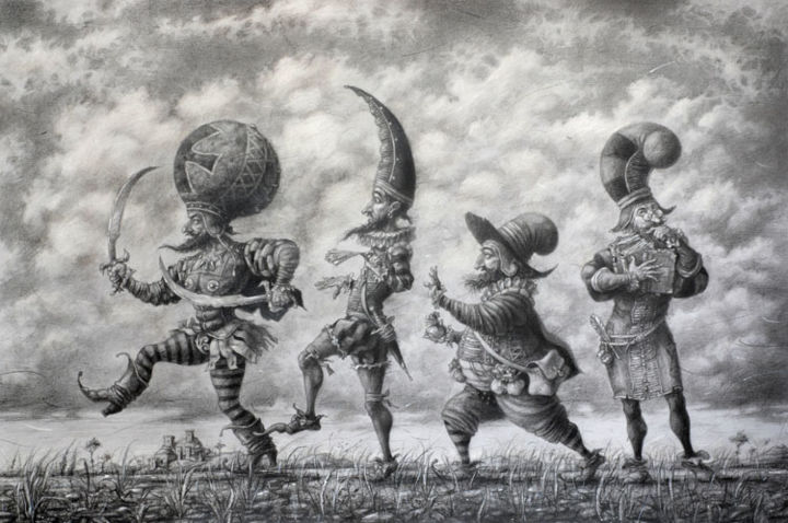 Painting titled "ОХОТНИКИ НА ПОДКИДН…" by Mykhailo Semashyn, Original Artwork, Other