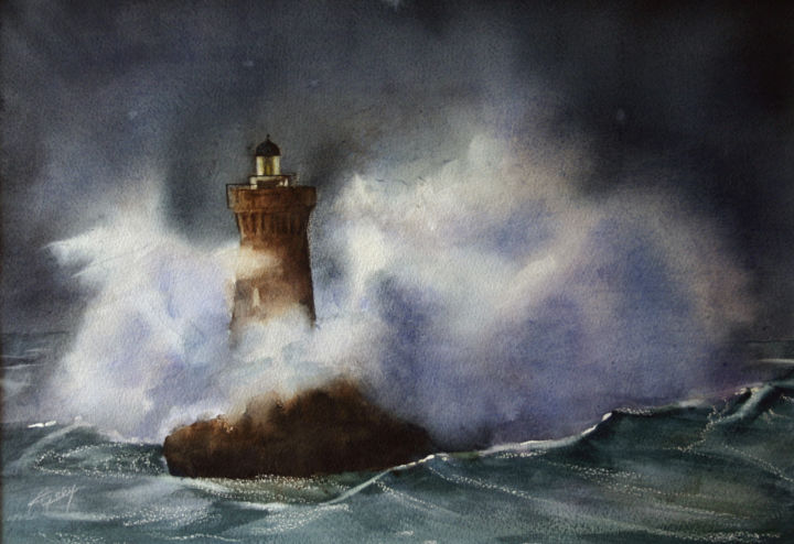 Peinture intitulée "Phare dans mer déch…" par Adyne Gohy, Œuvre d'art originale, Aquarelle