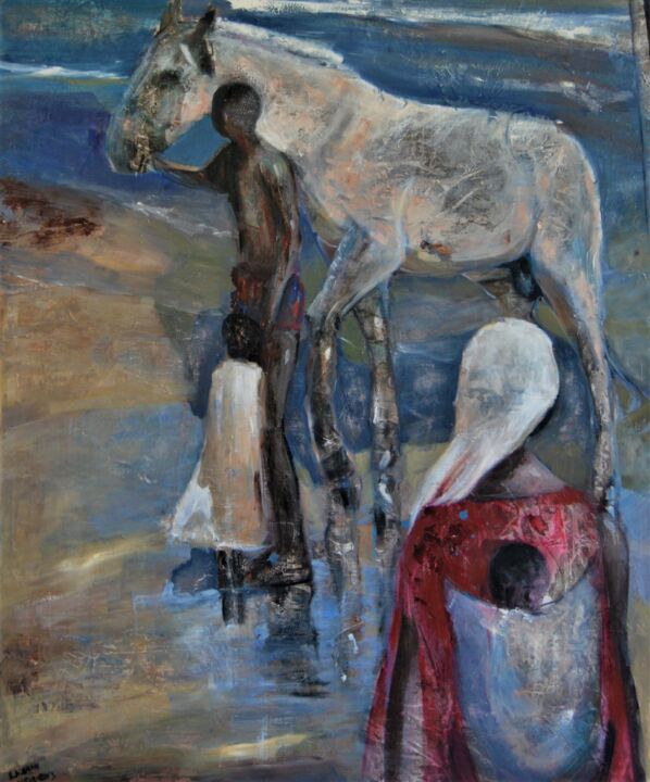 Le Cheval-blanc-100x120cm-tecnica-mixta-sobre-tabla. 绘画, 47.2x39.4 in