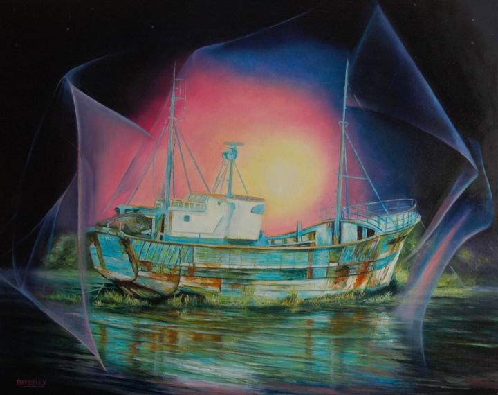 Peinture intitulée "EPAVE D'UN THONIER" par Yvette Matysiak, Œuvre d'art originale, Huile
