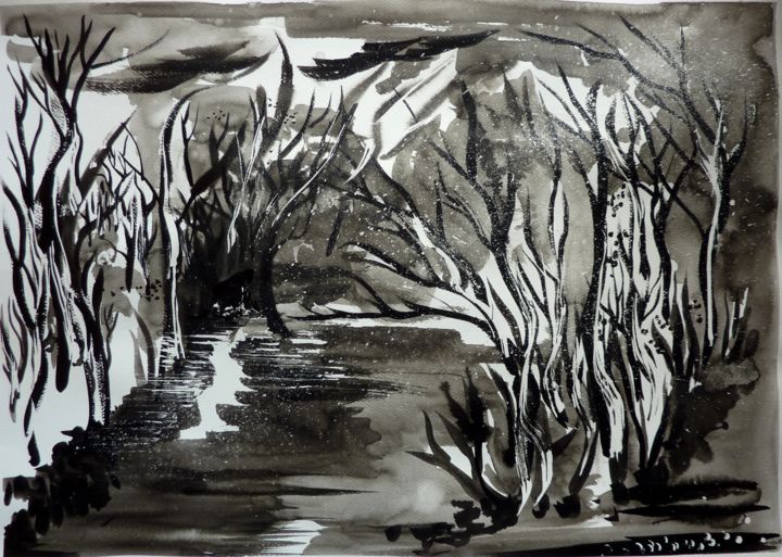 Le bois des ombres - Paysage nocturne Painting, 19.7x27.6 in